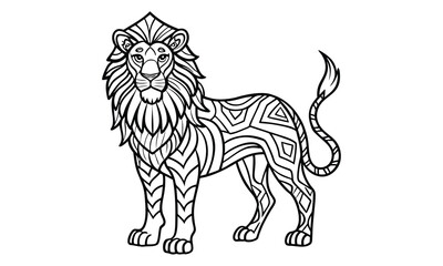 West African Lion vector t shirt design silhouette and detailed line art, high-quality illustration, perfect for adult coloring books, stress relief, relaxation, and printable art therapy.