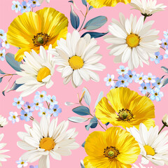Seamless vector pattern. Chamomile, daisies and forget-me-nots, poppy, buttercup. Summer floral pattern. For printing on fabric, paper and textile.
