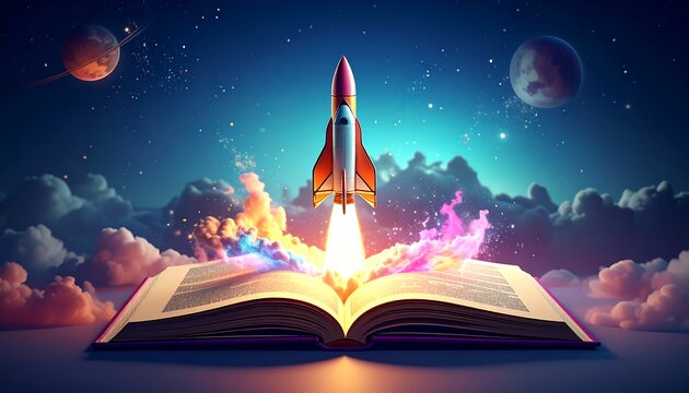 An inspirational image depicts a rocket launching from an open book, symbolizing the power of knowledge and imagination against a backdrop of a night sky filled with nebulae and planets.