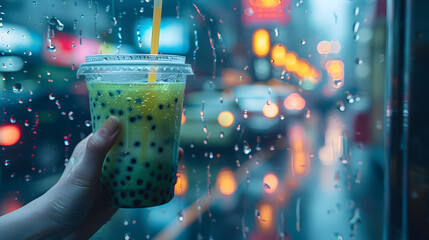 Rainy City Night: A Refreshing Bubble Tea Moment