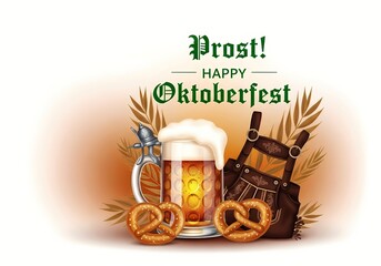 Prost! celebrate oktoberfest with beer, bavarian pretzels, and traditional german lederhosen design for seasonal festive greetings