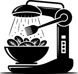 Sleek automated salad maker machine in black vector silhouette, symbolizing modern kitchen efficiency and healthy eating. Isolated on white background