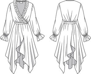 Elegant long sleeve dress sketch, ruffled neckline and asymmetrical hem layout, cad drawing flat vector illustration, fashion design template