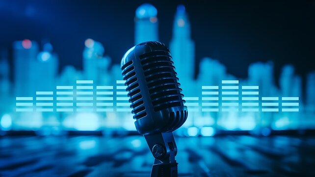 Vintage microphone with blue equalizer and city skyline