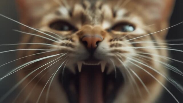 Close-up of an angry cat with bared teeth, showcasing its fierce expression against a blurred background