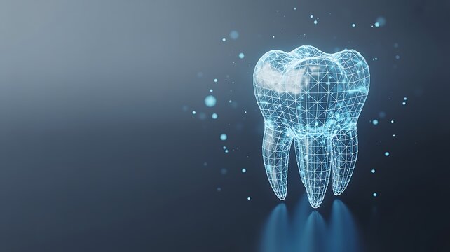 Wireframe tooth with glowing blue particles and copy space