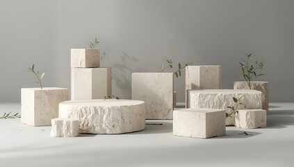 Elegant stone podiums arranged in a minimalist studio setting, perfect for showcasing products or creating a serene presentation backdrop