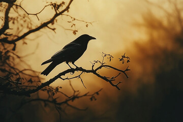 Silhouette of a Crow Perched on a Branch at Sunset, Golden Hour.