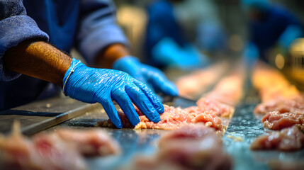 A dedicated worker in blue gear skillfully prepares chicken meat on a busy processing line, showcasing the raw intricacies of food production