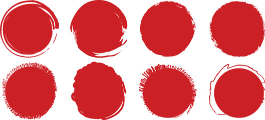 Set of textured brush circles in red and black, designed with imperfect strokes, Japanese sumi ink inspiration, abstract meditation symbols, and minimal grunge art style.