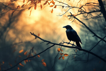 Golden Hour Crow - Solitary Silhouette in Autumnal Woods.
