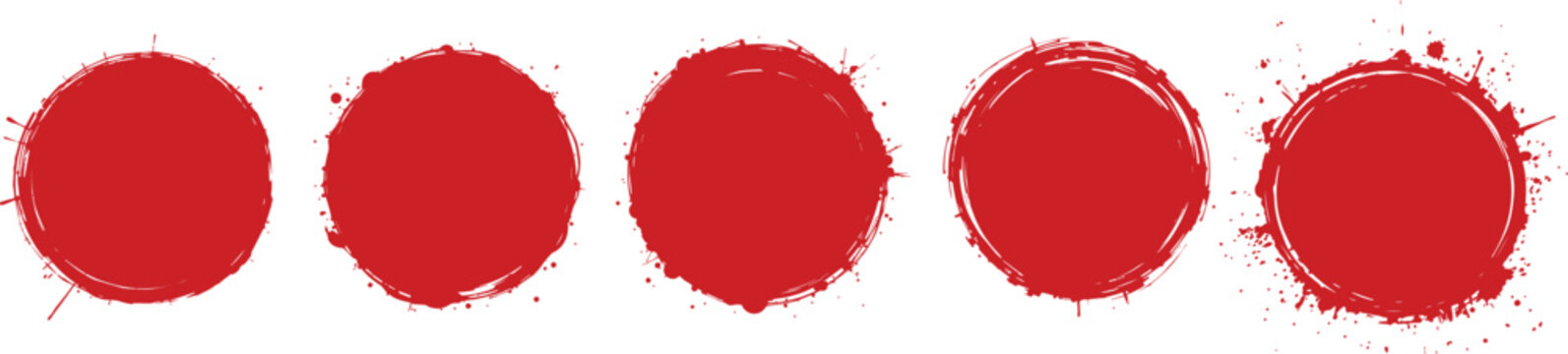 Collection of red and black painted circles with brush stroke textures, featuring abstract zen inspired round shapes, rustic sumi ink design elements, and hand drawn artistic spots.