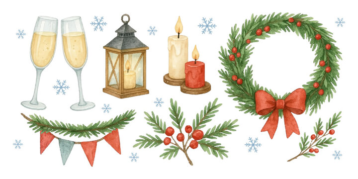 Watercolor Christmas set: champagne glasses, candles, lantern, fir wreath with red bow, branches with berries, festive garland, snowflakes. Winter holiday illustration, isolated on white background.