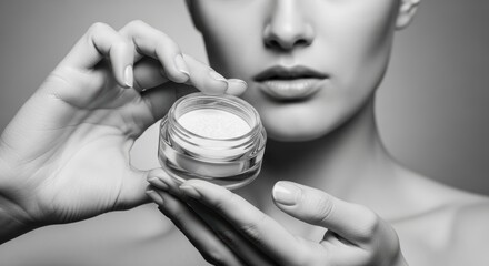 Caucasian young female holding skincare cream jar in black and white close-up