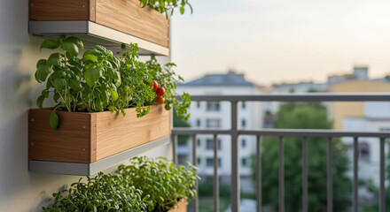 Stylish vertical garden on an apartment balcony with fresh home-grown herbs. Urban gardening and sustainable small space living concept.