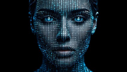 Futuristic Woman Face, Binary Code, Digital Art, Abstract, Blue, Dark Background, Technology Concept