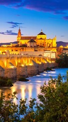 Obraz premium Evening cityscape of historical bridge and mosque
