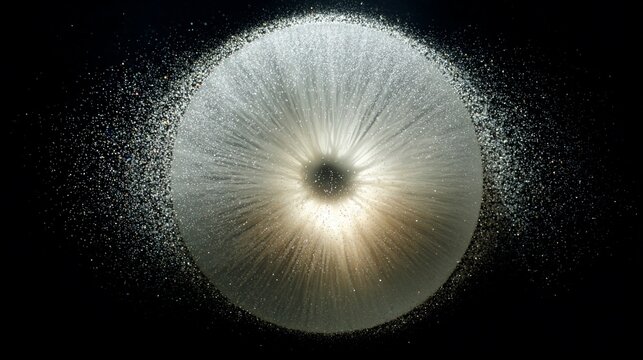 Exploding sphere scatters fine particles around a central, light-emitting source