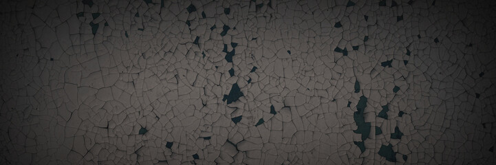 Dark wide panoramic background. Peeling paint on a concrete wall. Dark grunge texture of old...