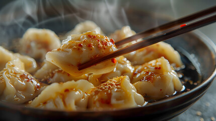 Delicious Asian Dumplings: Steaming Hot Potstickers with Sesame Seeds and Chili Oil