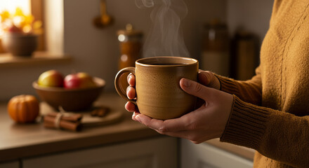 Cozy autumn morning with a cup of hot coffee. Woman's hands holding a warm rustic ceramic mug in the kitchen.