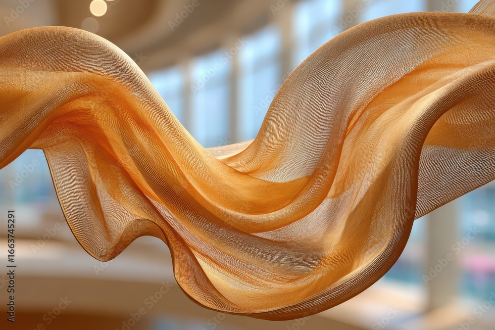 Poster graceful flowing golden fabric with soft waves and elegant translucent texture.