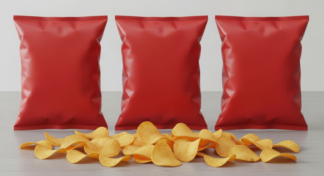 Three red snack bags filled with crispy potato chips are arranged neatly on a table, with scattered chips in front, creating an inviting and appetizing display for snack lovers