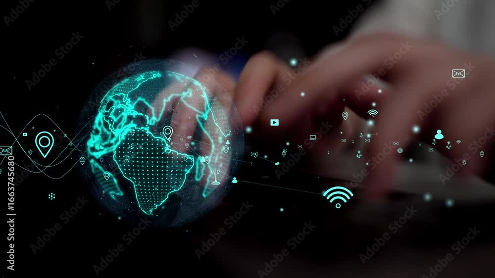 Poster close-up of hands typing on a keyboard with a digital globe and visual elements illustrating global 