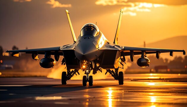 Fighter jet taxiing on runway at sunset