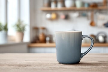 Grey Ceramic Mug on Wooden Table, Kitchen Background Blurred
