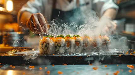 Smoky Sushi Preparation: Expert Chef Creates Delicious Rolls
