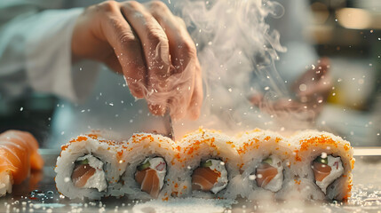 Sushi Preparation: Expert Chef Creating Delicious Rolls