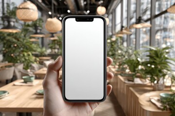 Hand holding a smartphone with a blank screen in a modern cafe interior filled with plants.