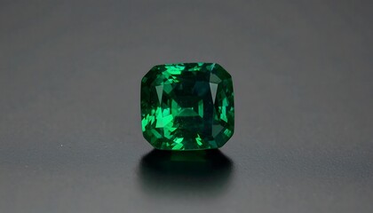 A vibrant, deep green emerald cut gemstone rests on a dark background, showcasing its intricate facets and rich color.