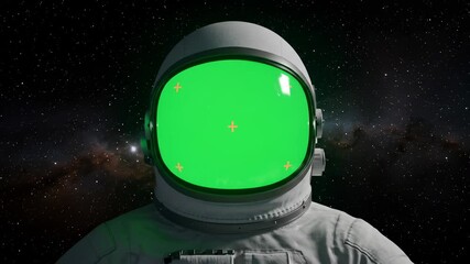 Astronaut in Outer Space with a Green Screen Helmet Visor for Compositing and Mockups
