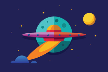 A ufo flying in space with a beam of light, surrounded by planets and stars in a colorful cartoon illustration of science fiction