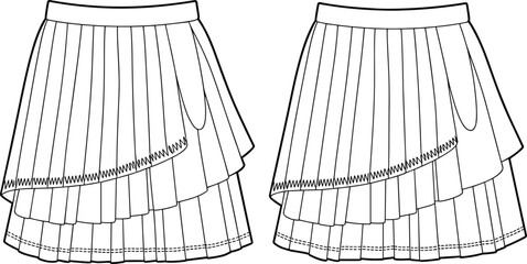 Flat technical sketch of layered pleated mini skirt with zigzag hem detail, CAD drawing for apparel design, fashion vector illustration