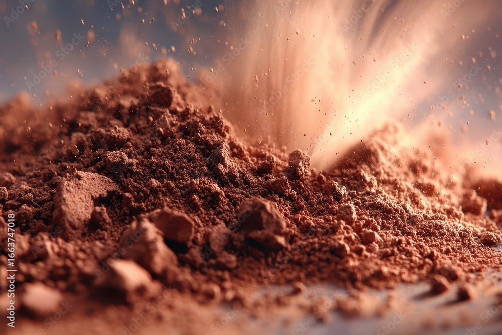 Poster close-up of reddish-brown powder in dynamic motion, creating a dust cloud.