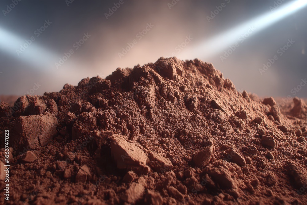 Poster Close-up of finely ground red soil texture illuminated by two bright light rays.
