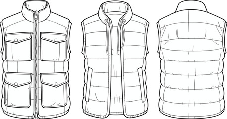 Flat technical sketch of sleeveless padded vests with pockets, front zip and collar, CAD fashion drawing for apparel design