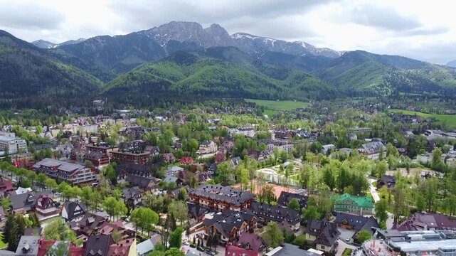 Aerial view of Zakopane, Poland. Hiking and green tourism. Tatra Mountains 