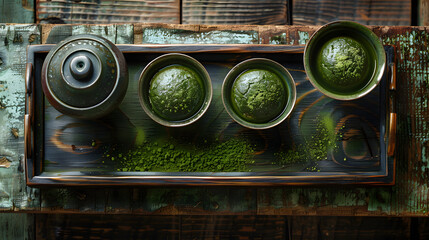 Matcha Tea Ceremony: Authentic Japanese Tea Bowls & Powder on Rustic Tray
