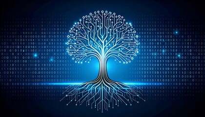 Digital Tree of Life with Glowing Circuitry and Binary Code Background.
