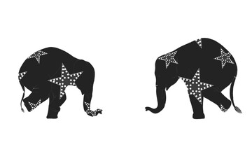elephants Monochrome with fun children's toys, circus style, cute patterned elephants, vintage, hand drawn on transparent background.