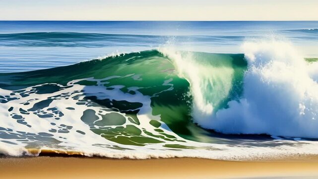 Watercolor painting of waves curling and breaking on a sandy beach in slow motion