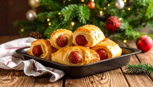 Festive Pigs in a Blanket on a Wooden Table with Christmas Tree Background.