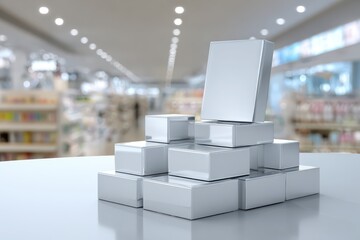 Sleek blank product display boxes with a sign in a blurred retail store.