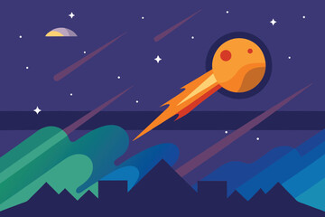 Naklejka premium Cartoon comet hurtling through space over a city landscape with stars and a vibrant tail creating a dynamic and imaginative cosmic scene