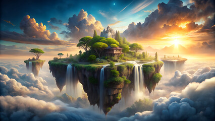 Enchanting floating island castle with waterfalls at sunset in a fantasy sky