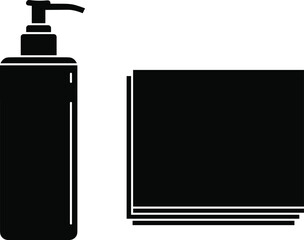 Pump bottle and folded towels icon, hygiene and personal care, soap dispenser, bathroom spa essentials, black and white vector illustration for cleaning and wellness